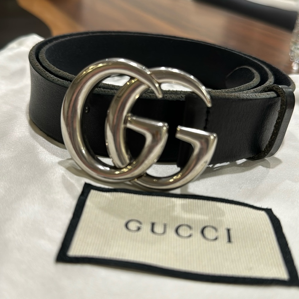 BLACK LEATHER GUCCI BELT WITH DOUBLE G BUCKLE